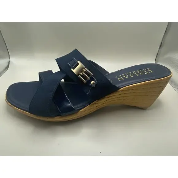 Italian Shoemakers Woman 10 Blue Elastic Straps Wedge Sandals Slide Slip On - Picture 2 of 9